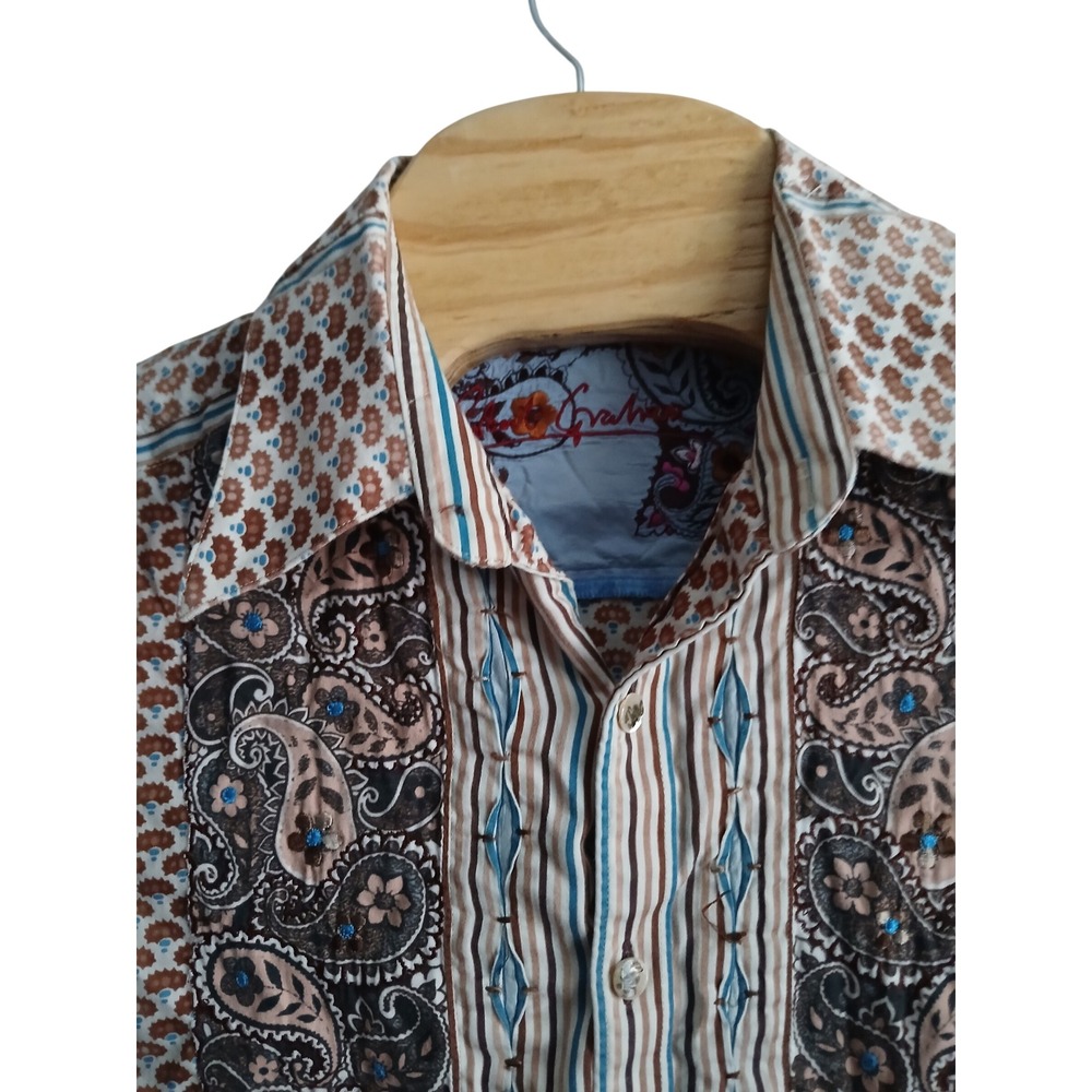 Robert Graham Mens Paisley Cotton Long Sleeve Button Up Shirt Brown Blue Medium